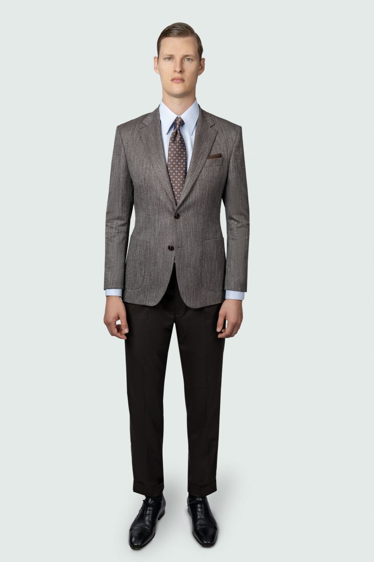 Brown Herringbone Wool Blend Blazer
