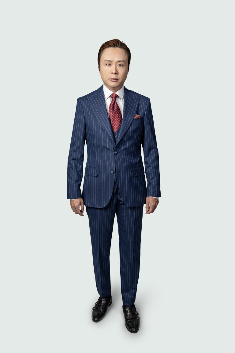 Wool  Pinstripe Suit with Wide Peak Lapel