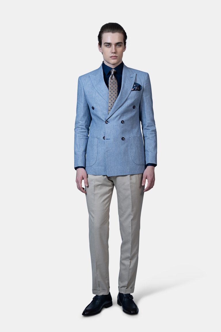 Light Blue Linen Double_Breasted Unlined Blazer