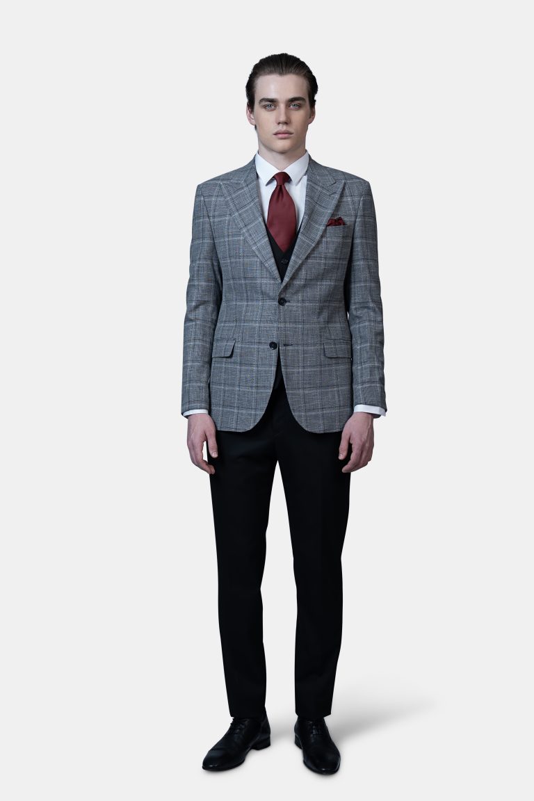 Gray Plaid Jacket with Black Vest and Trousers