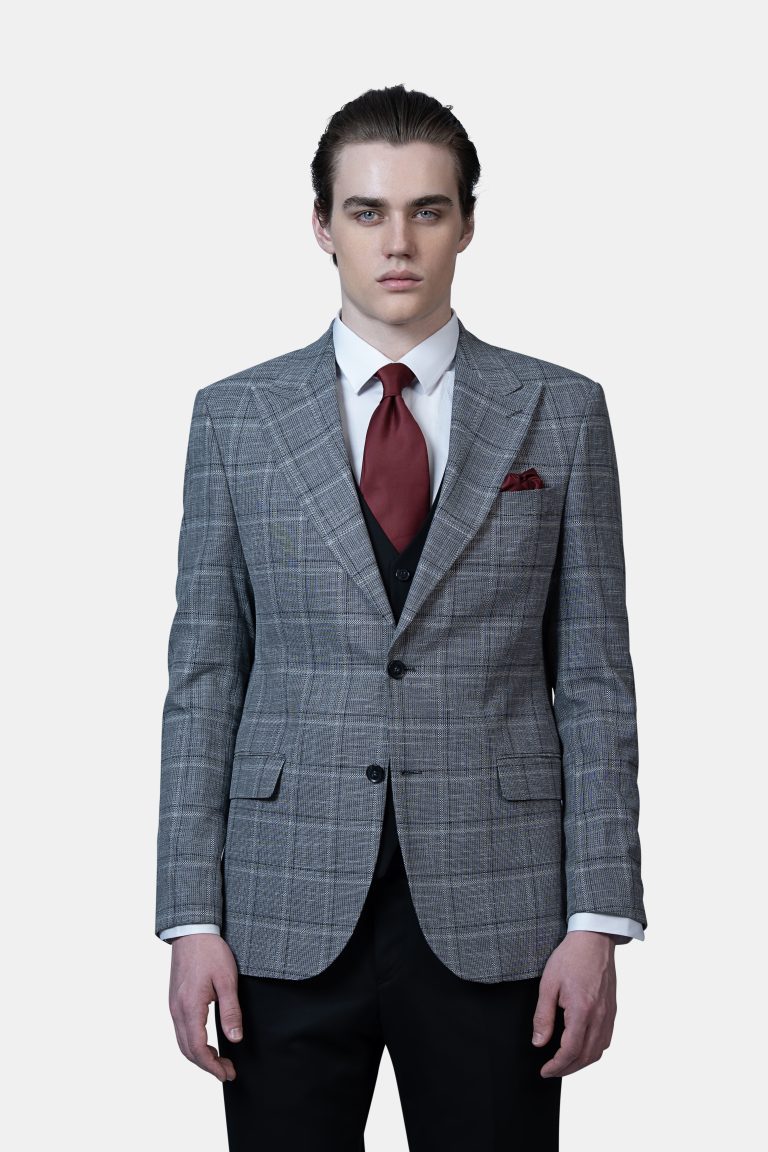 Gray Plaid Jacket with Black Vest and Trousers - Image 2